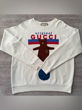 Gucci White Crewneck Sweatshirt with Brown Bear and Red-Blue Stripe